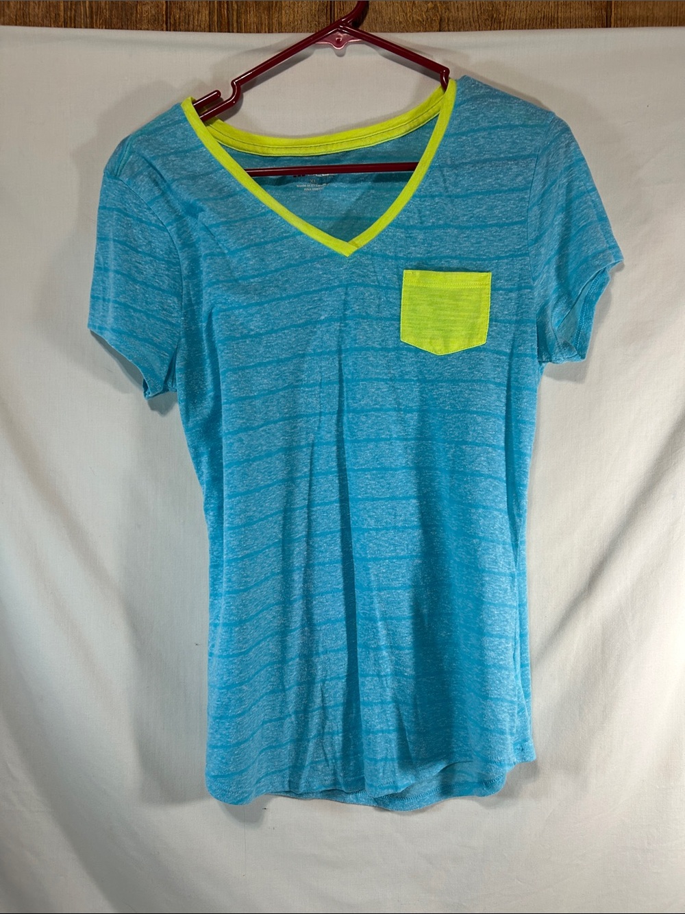 bcg Blue Striped V-Neck Tee with Neon Yellow Pocket